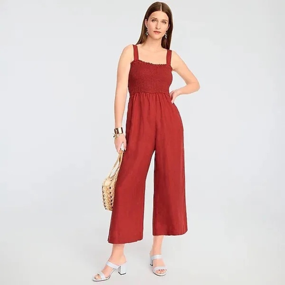 J. Crew Smocked Linen Jumpsuit Chimney Red